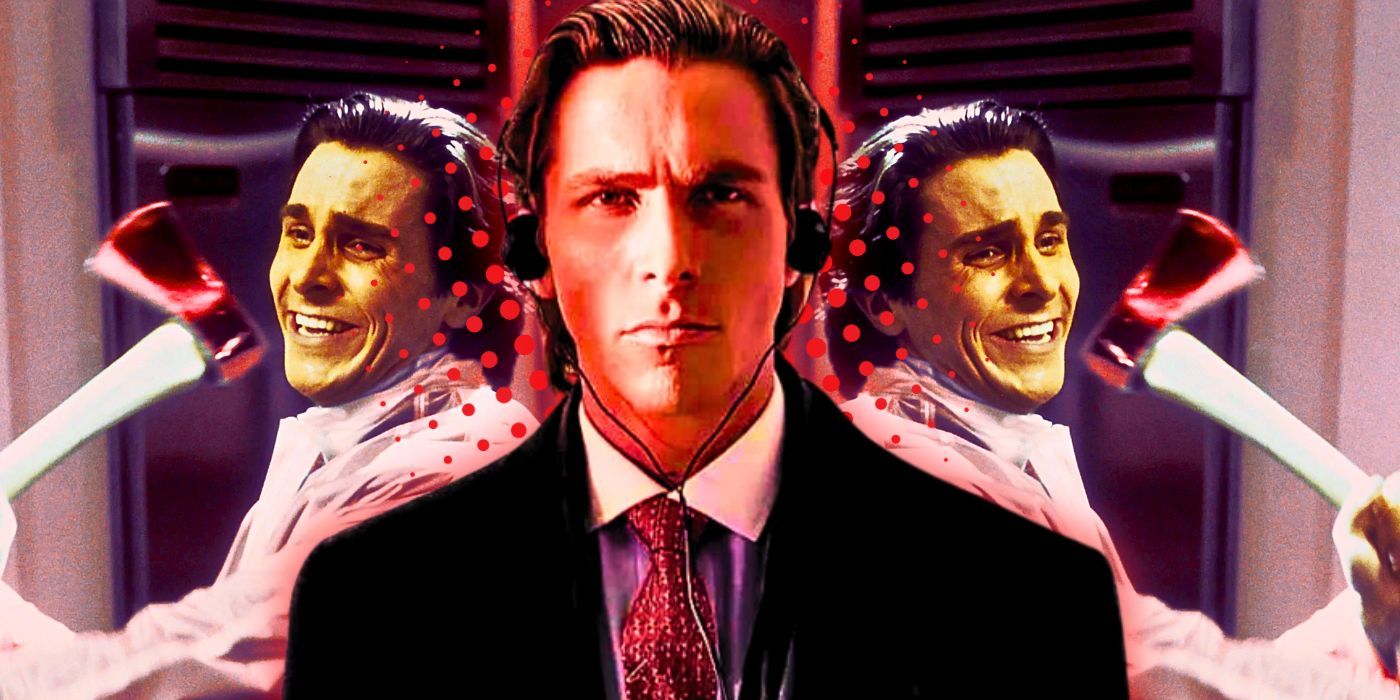 Christian Bale as Patrick Bateman wearing headphones, with an image of him grinning while swinging an ax in the background in American Psycho