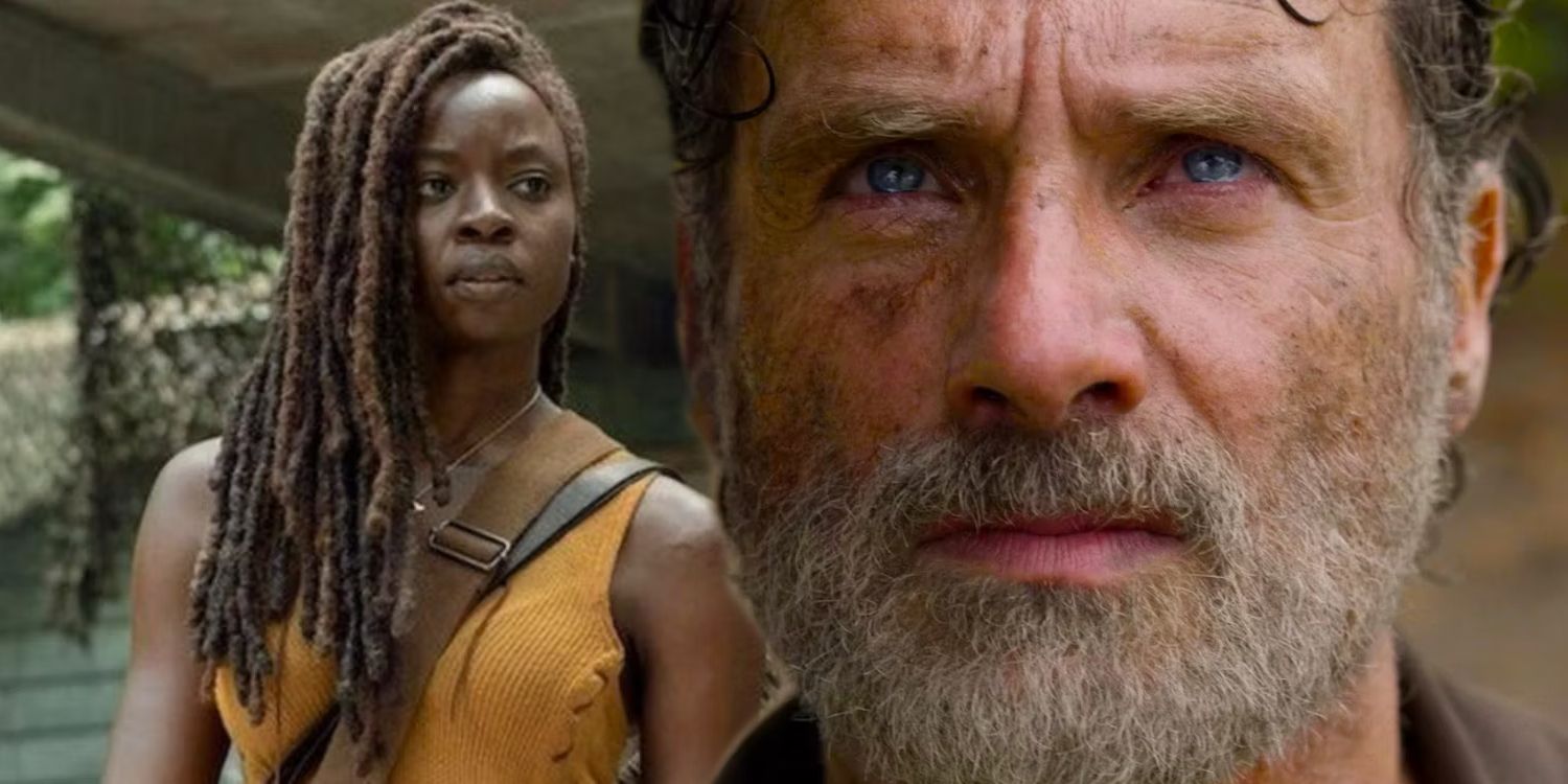 Danai Gurira as Michonne Standing and Andrew Lincoln as Rick Grimes Looking Up in The Walking Dead