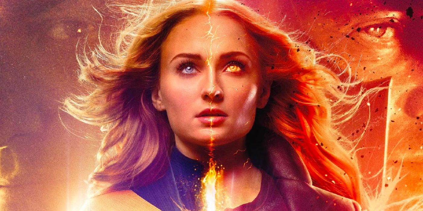 An image of Sophie Turner as Jean Grey with Professor Xavier and Magneto in the background