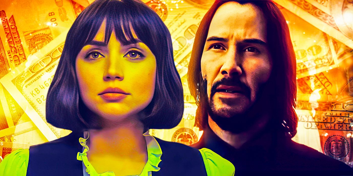 Ana de Armas and Keanu Reeves in John Wick surrounded by money