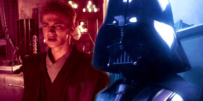 Anakin crying in Attack of the Clones in a red hue to the left and Vader at the end of Revenge of the Sith to the right