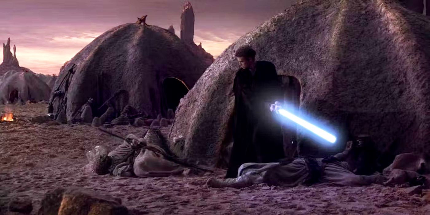 Anakin drew a blue lightsaber, and on either side of him were the corpses of Tusken Raiders.