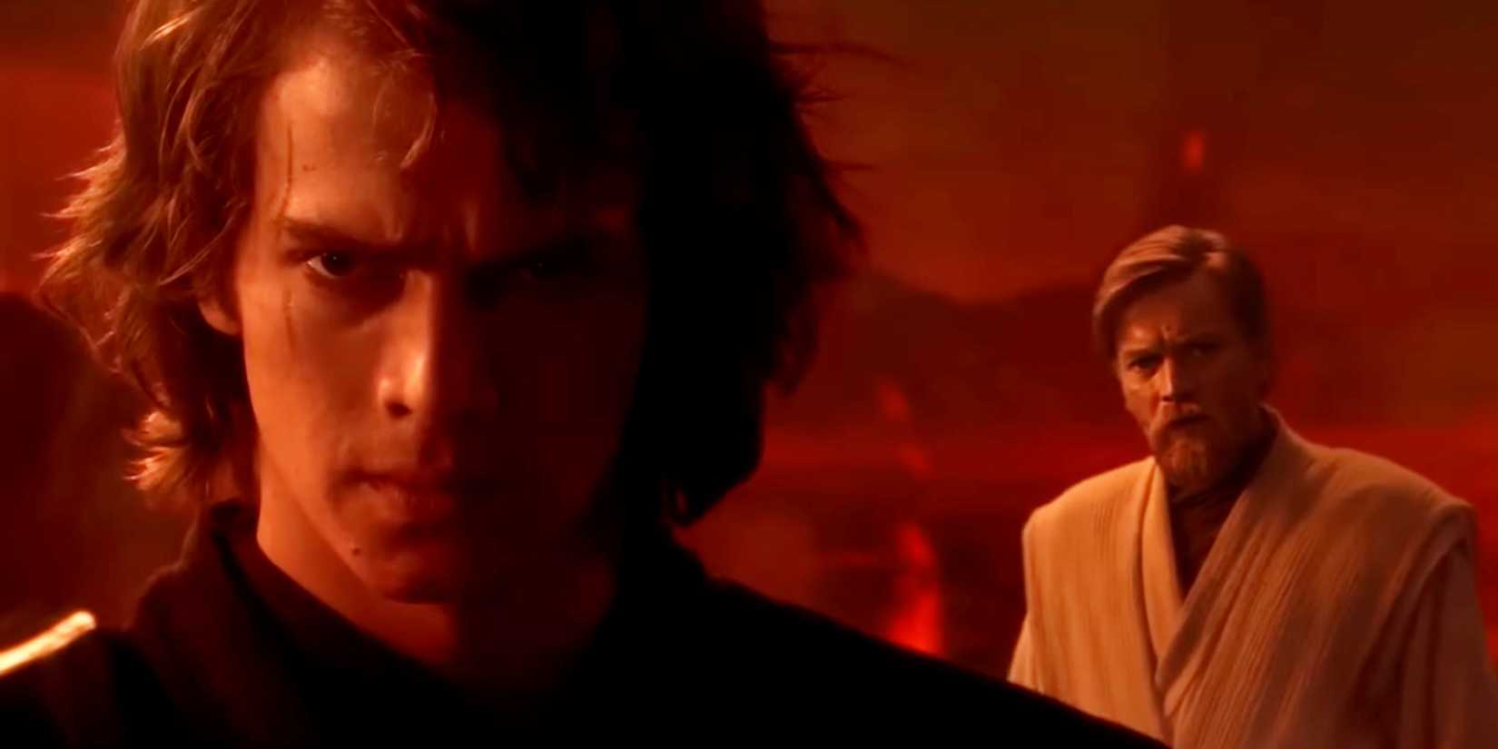 Anakin looking at the camera on Mustafar with a stern looking on his face while Obi-Wan looks at him horrified from behind