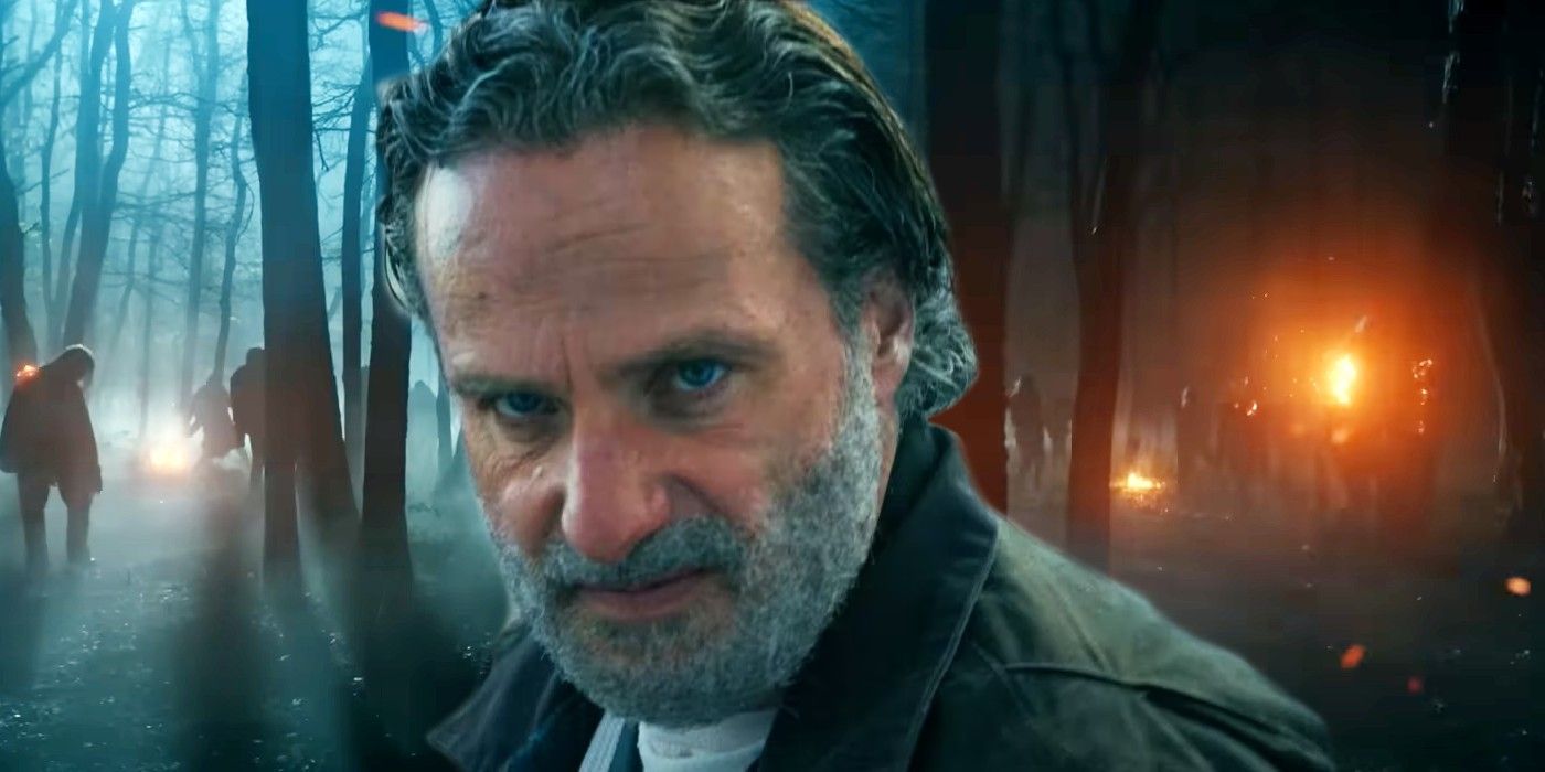 Andrew Lincoln as Rick Grimes and flaming zombines in The Walking Dead: The Ones Who Live