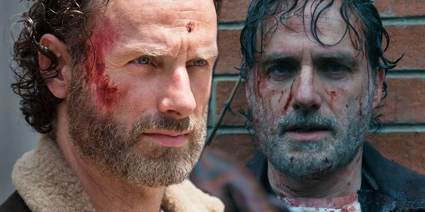 Andrew Lincoln as Rick Grimes looking serious in The Walking Dead and Rick Grimes with a bloody face in The Ones Who Live.