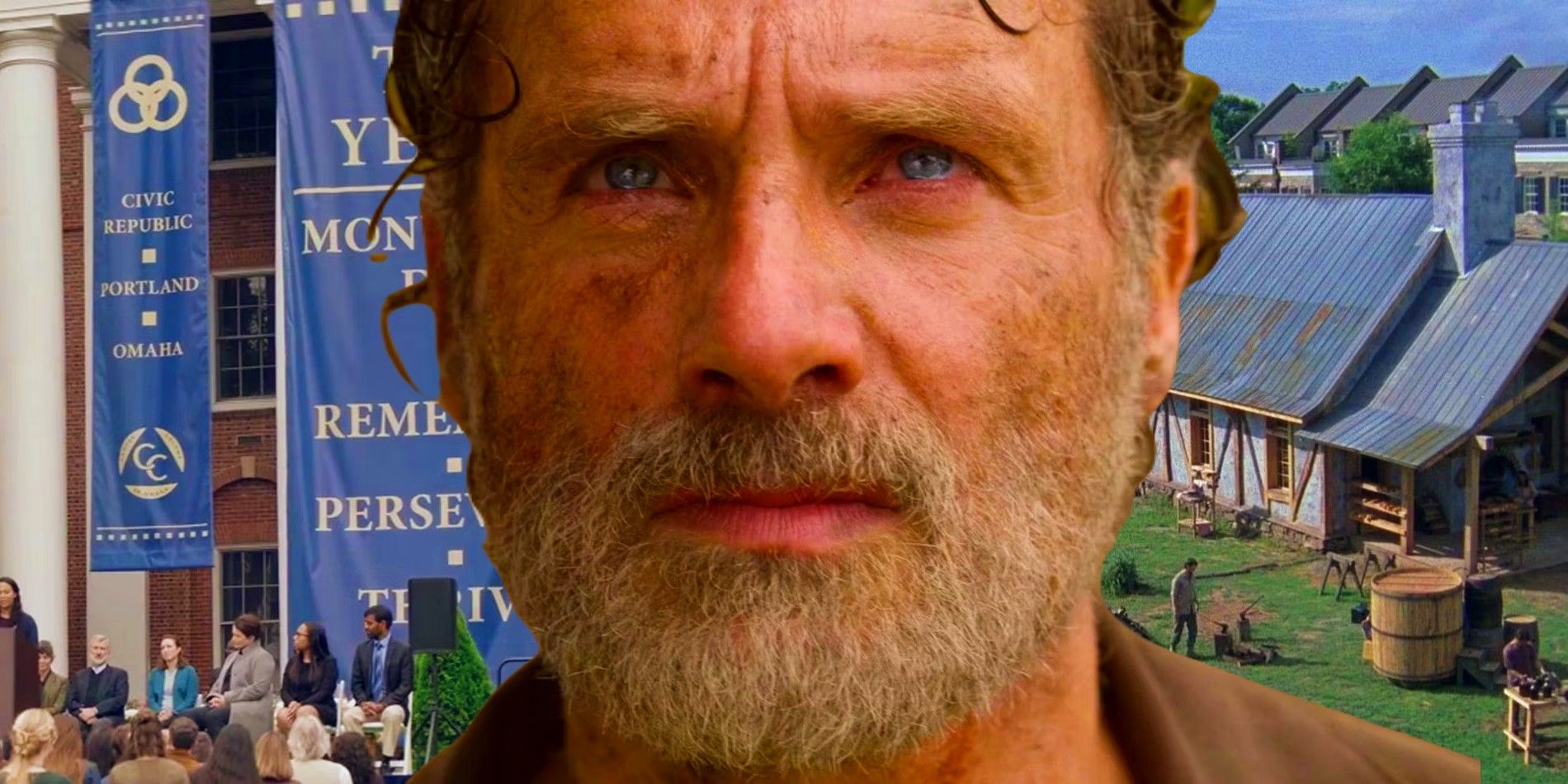 Andrew Lincoln as Rick Grimes with the Campus Colony and Alexandria in the background