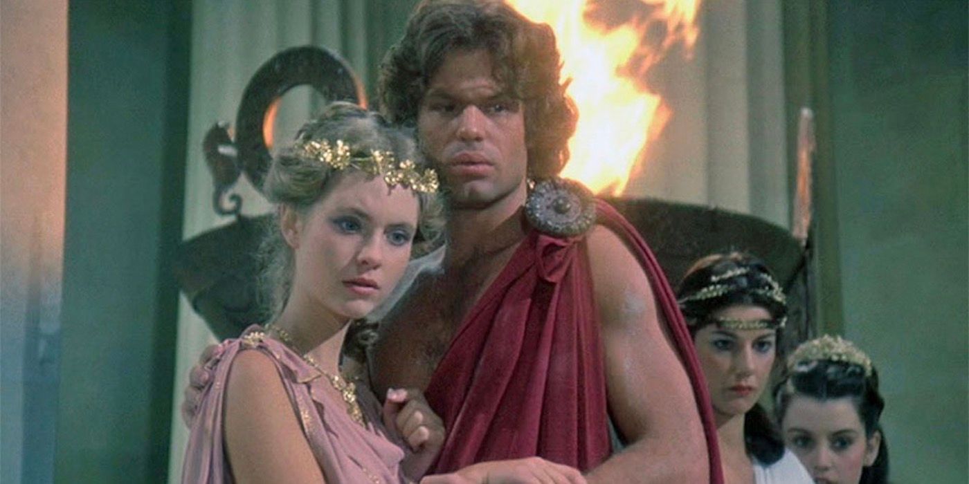 Andromeda and Perseus holding onto one another in the 1981 Clash of the Titans