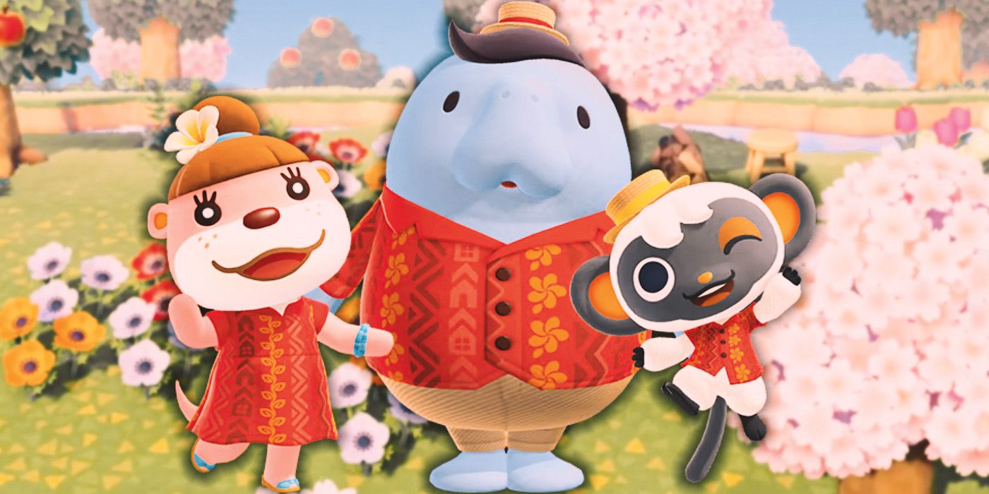 Three characters with vibrant flowers in the background from Animal Crossing: New Horizons