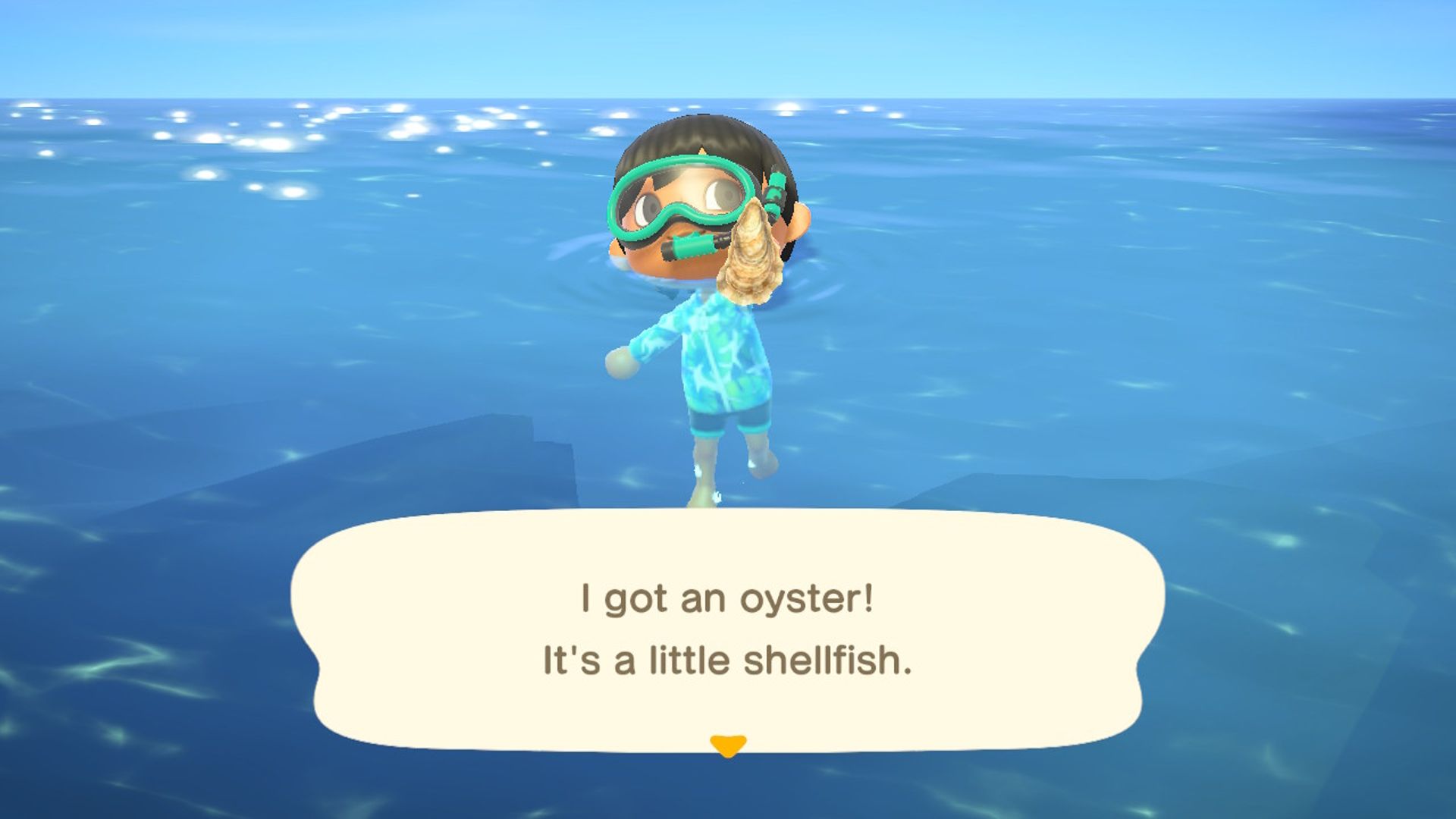 Animal Crossing New Horizons Player In Turquoise Wetsuit Catching Oyster In Ocean