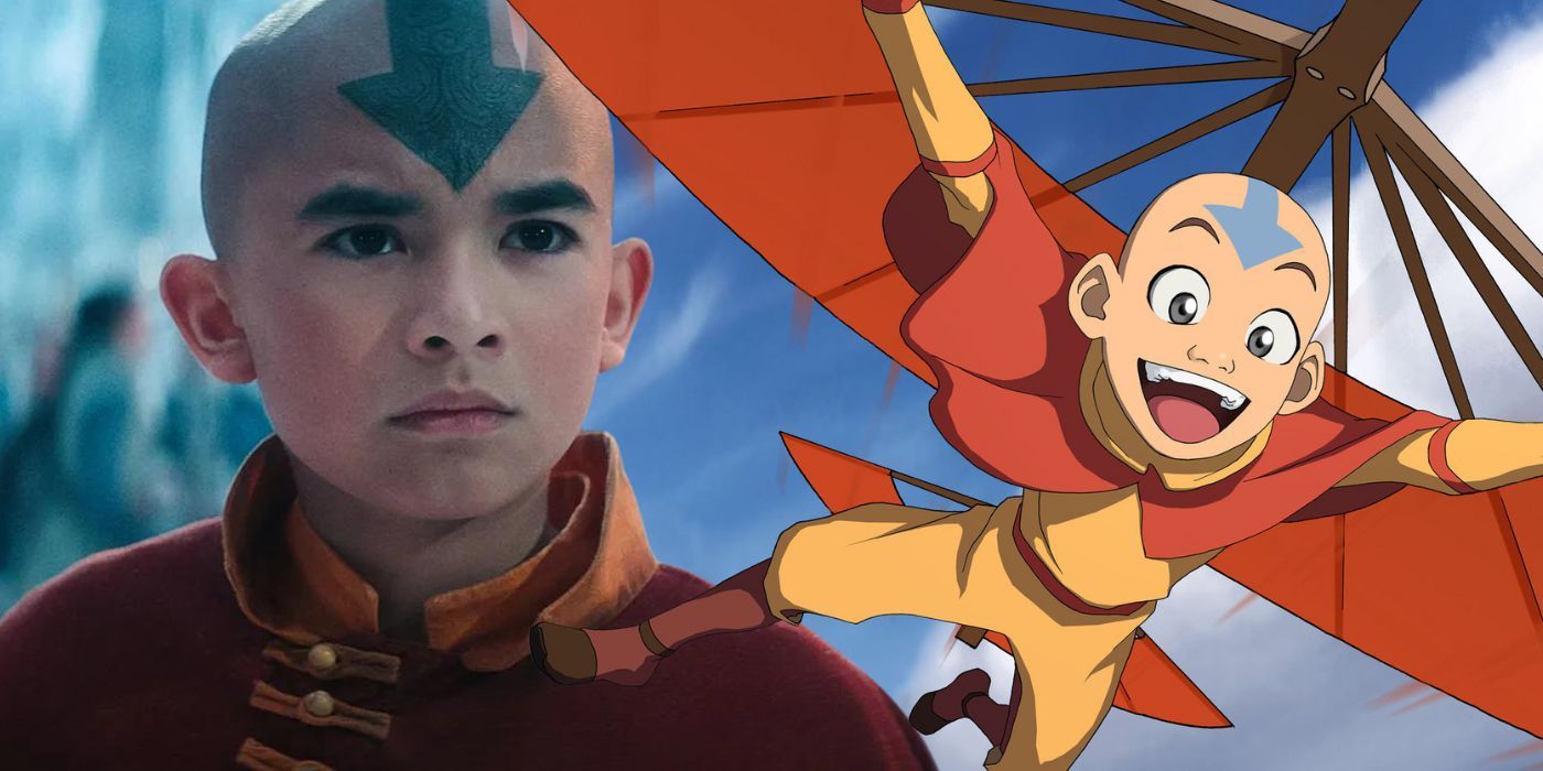 Animated Aang on Glider and Netflix Live Action Aang with Water Tribe