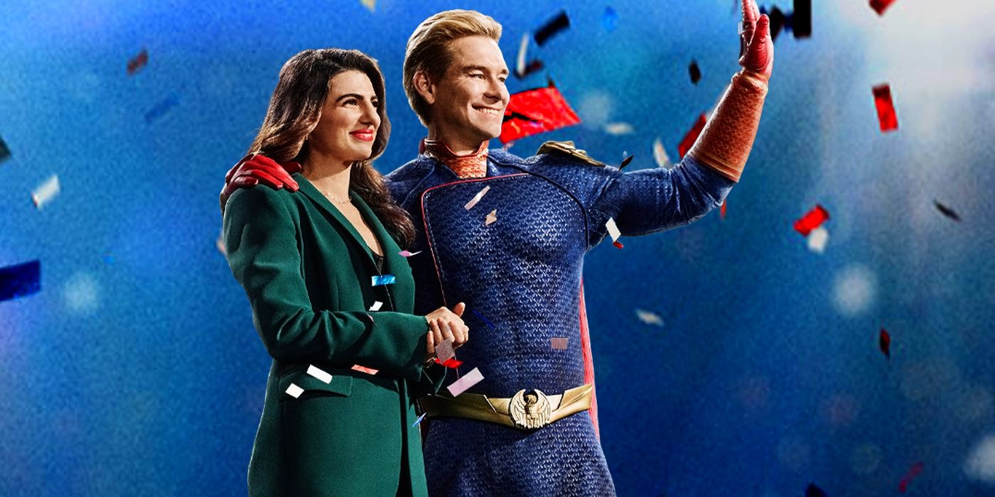 Antony Starr as Homelander with Claudia Doumit as Victoria Neuman in Front of Confetti on a The Boys Season 4 Poster