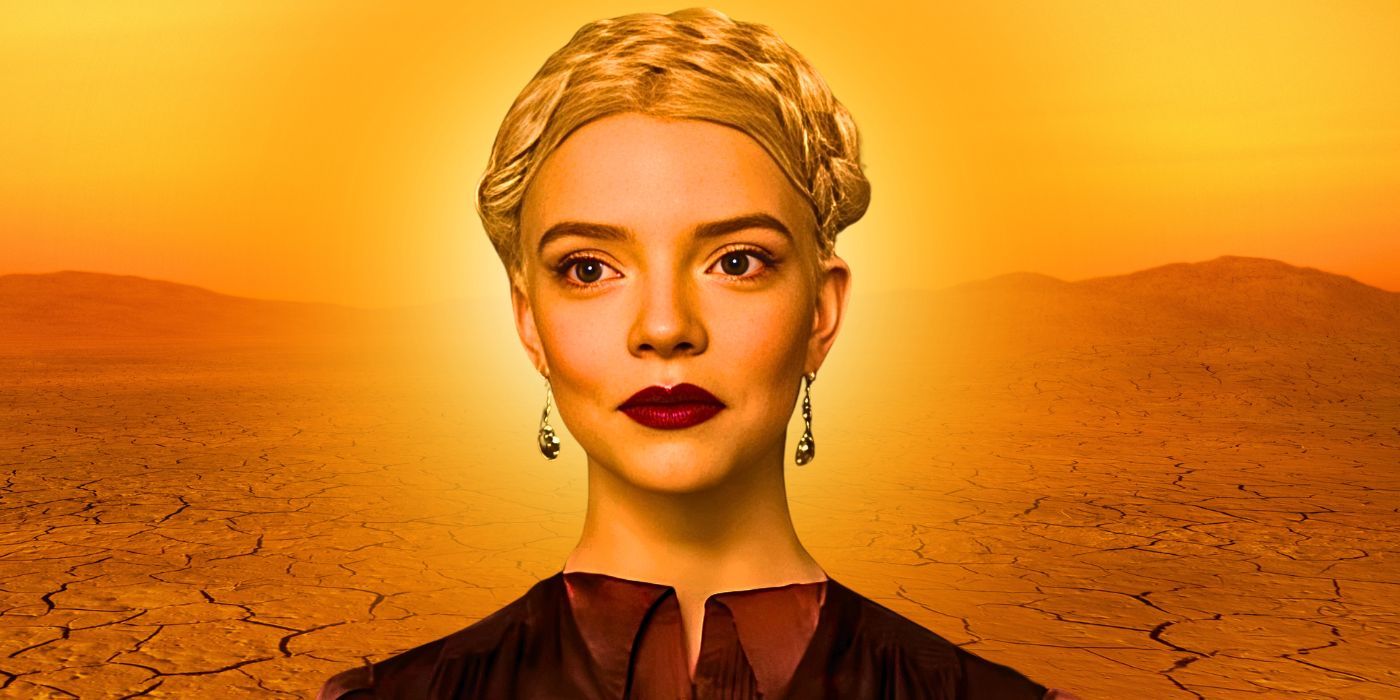 A composite image of Anya Taylor Joy over a background of dry desert 