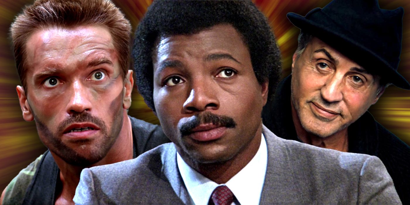 Arnold Schwarzenegger and Sylvester Stallone looking at Carl Weathers as Apollo Creed