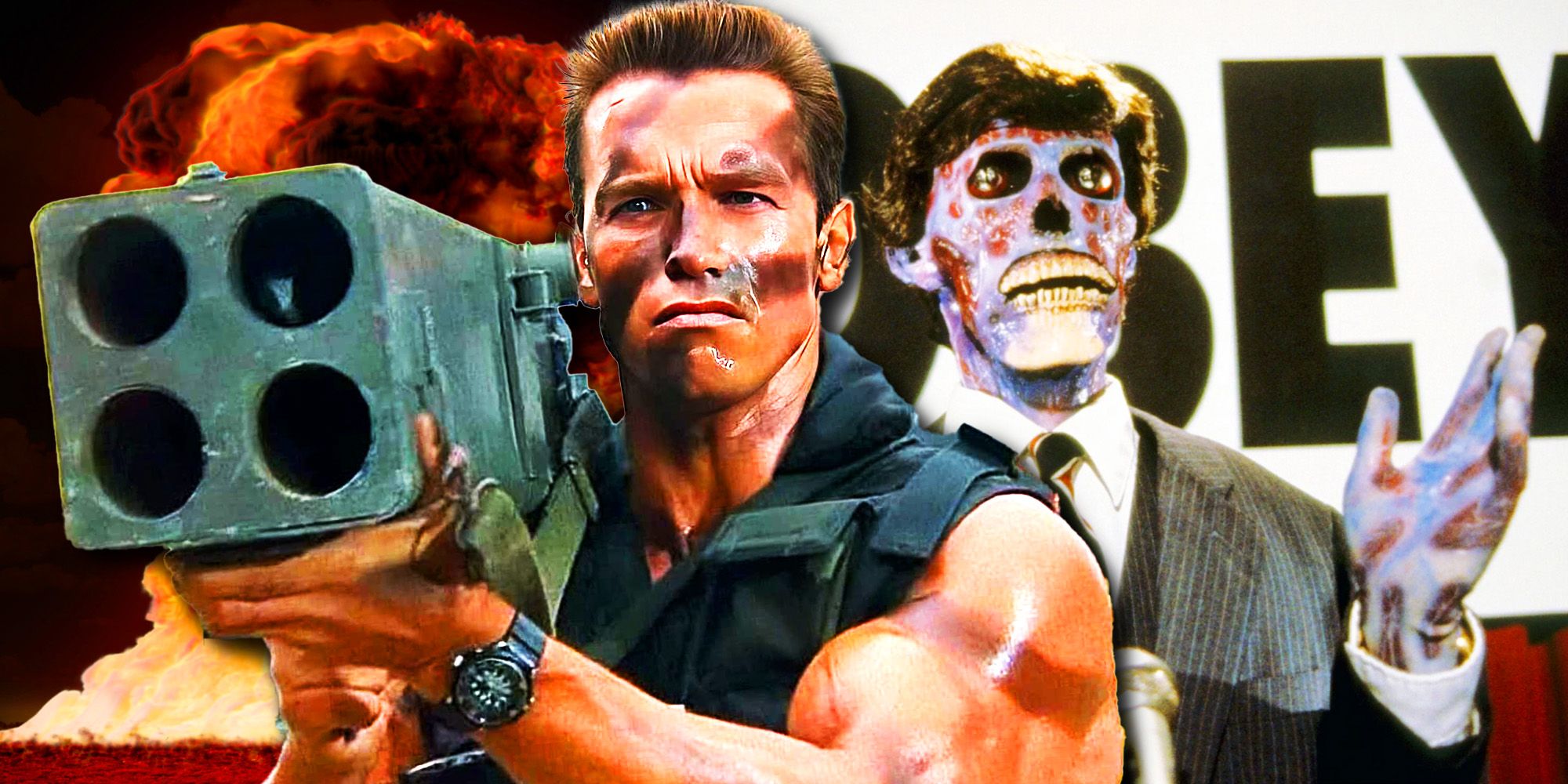 Arnold Schwarzenegger in Commando and an alien from They Live