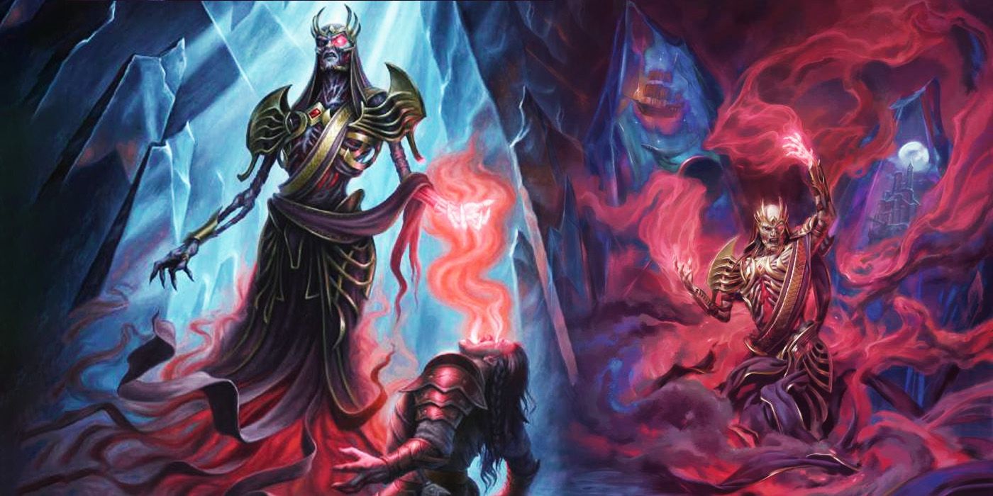 Vecna kills a soldier on the left, while his updated model conjures power on the right.