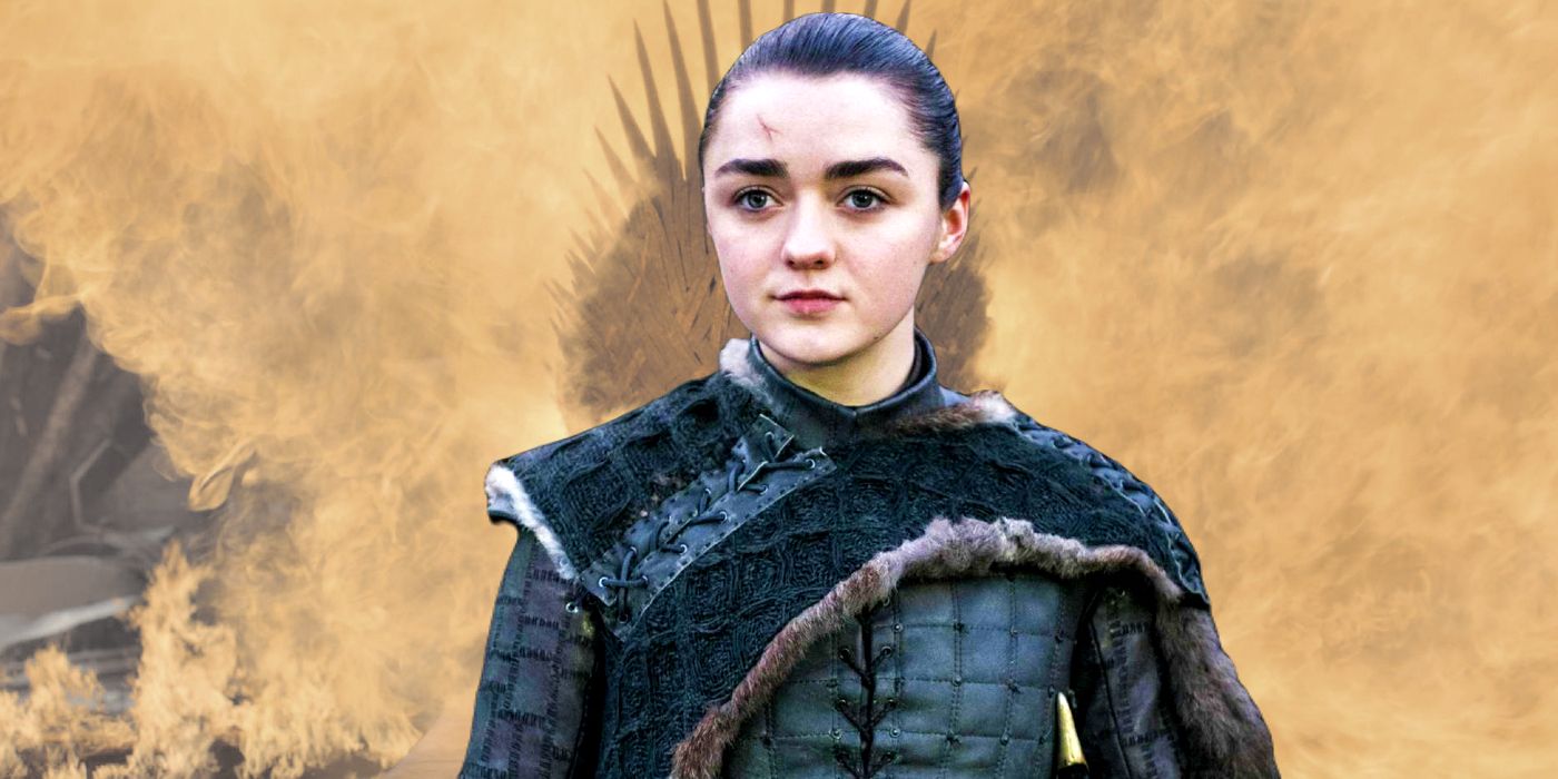 Arya Stark in front of the burning Iron Throne from Game of Thrones