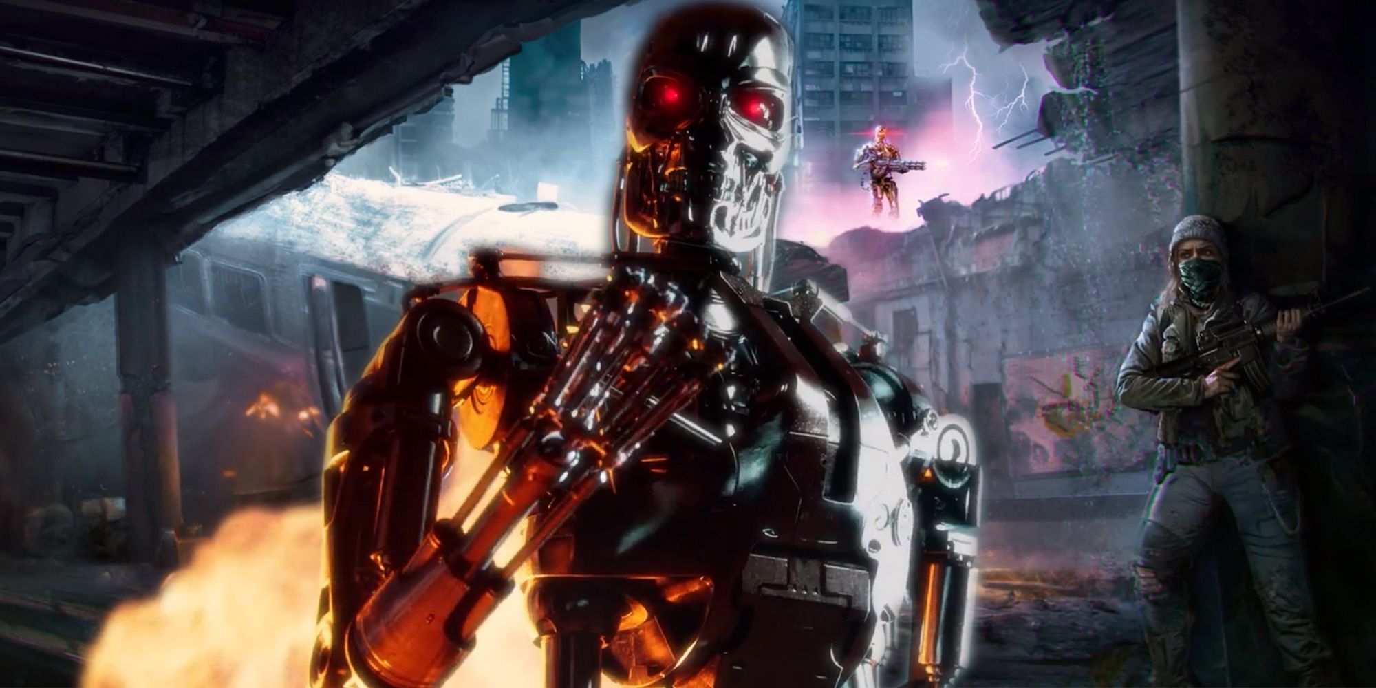 A T-800 Terminator from the Terminator: Survivors trailer, with concept art of a post-apocalyptic city behind them, where a survivor is hiding from another Terminator amids the ruins of a train station.
