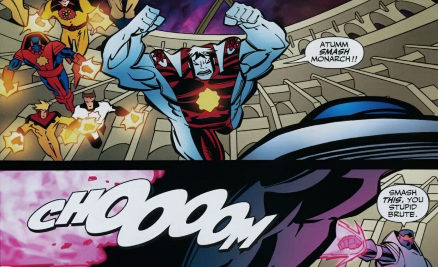 Comic book panels: an Atom version of the Hulk smashes an enemy.