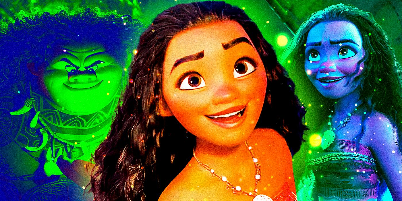 A composite image of Moana singing with Maui in the background from Moana