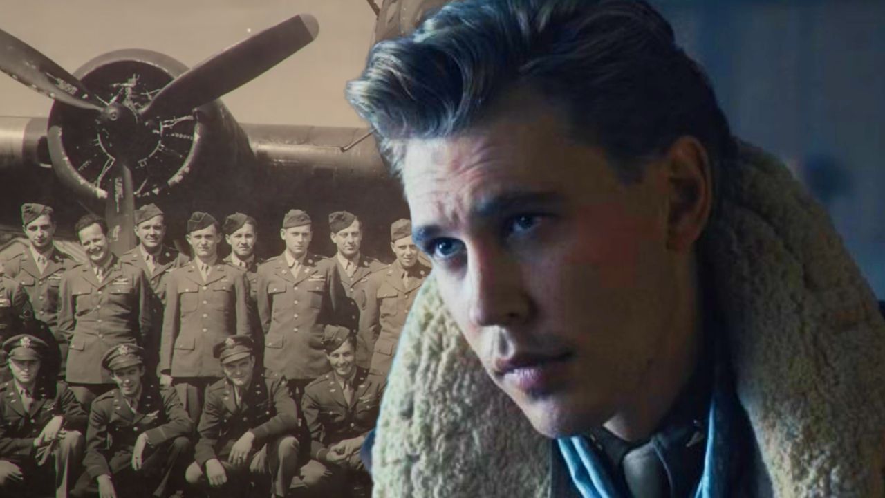 Austin Butler as Buck Cleven in Masters of the Air juxtaposed with A photograph of the real-life 100th Bomb Group