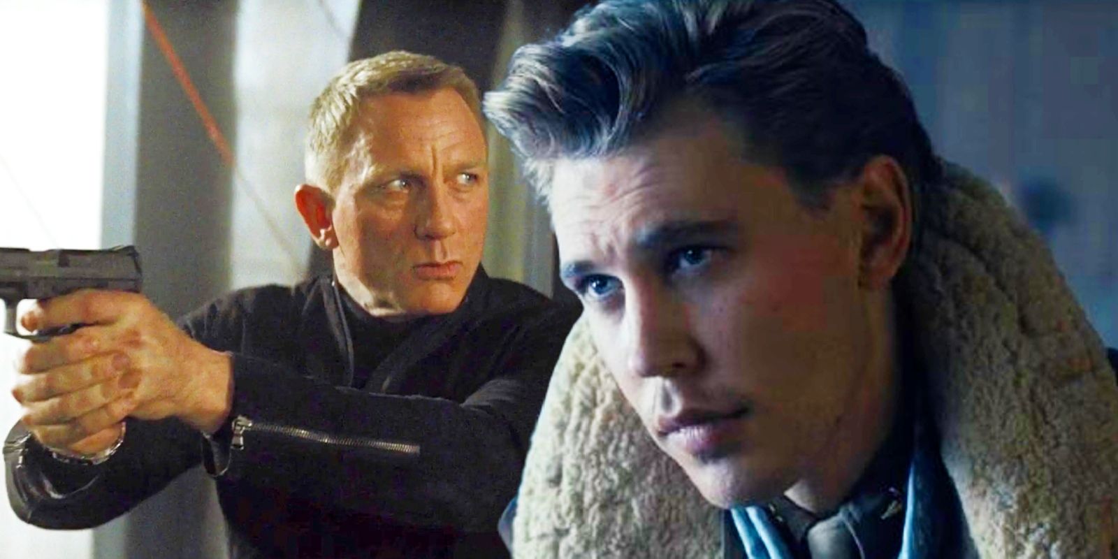 Austin Butler as Buck in Masters of the Air juxtaposed with Daniel Craig as James Bond in Spectre