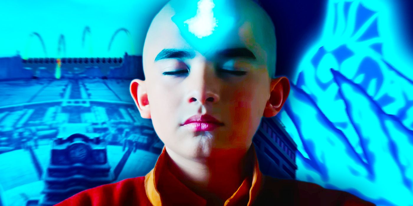 Aang live-action entrando no estado Avatar na frente de um fundo de desenho animado