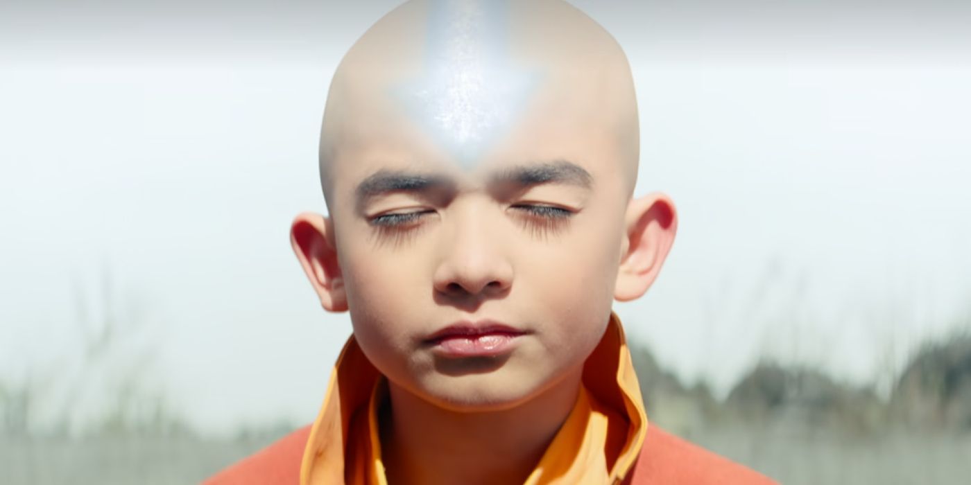 Aang entrando no estado Avatar na Ilha Kyoshi no programa The Last Airbender da Netflix