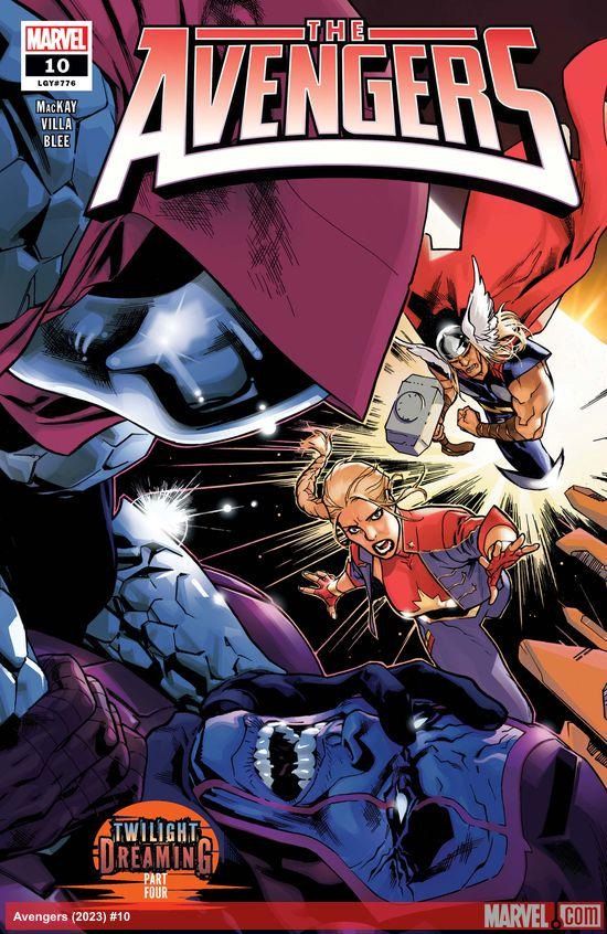 Captain Marvel and Thor rush toward Kang, who is on his back being strangled by Myrddin (a mysterious hooded figure in a mirrored mask).