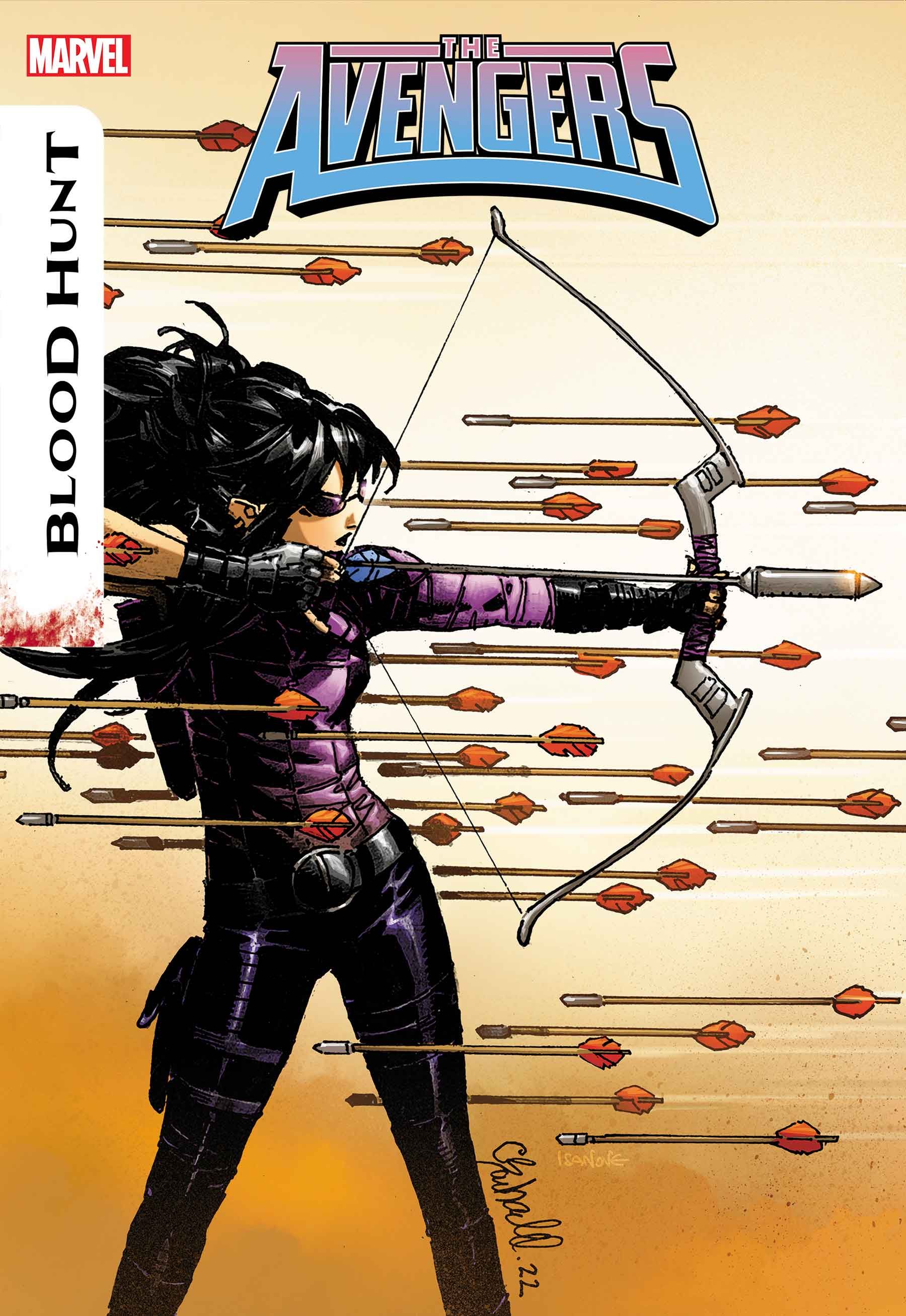 Kate Bishop Hawkeye stands in a volley of arrows on Avengers Blood Hunt cover. 