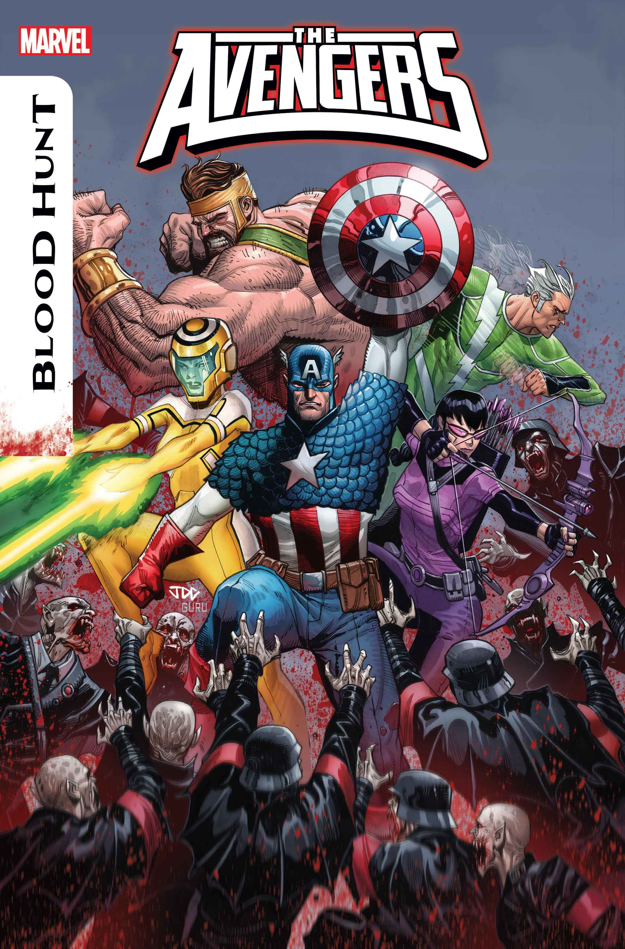 Avengers #14 cover, Captain America, Hawkeye, Quicksilver, Hercules, and Hazmat fight vampires during BLOOD HUNT