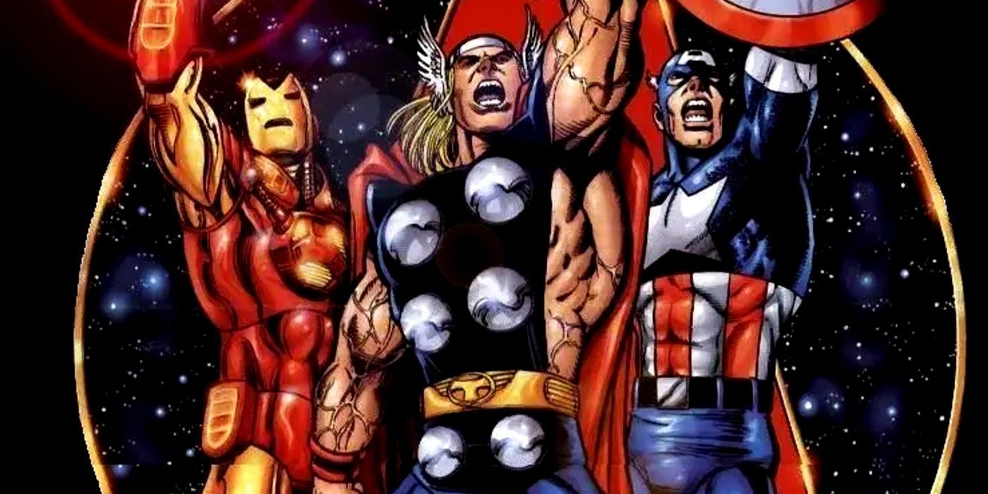 Iron Man, Thor, and Captain America raise their arms.