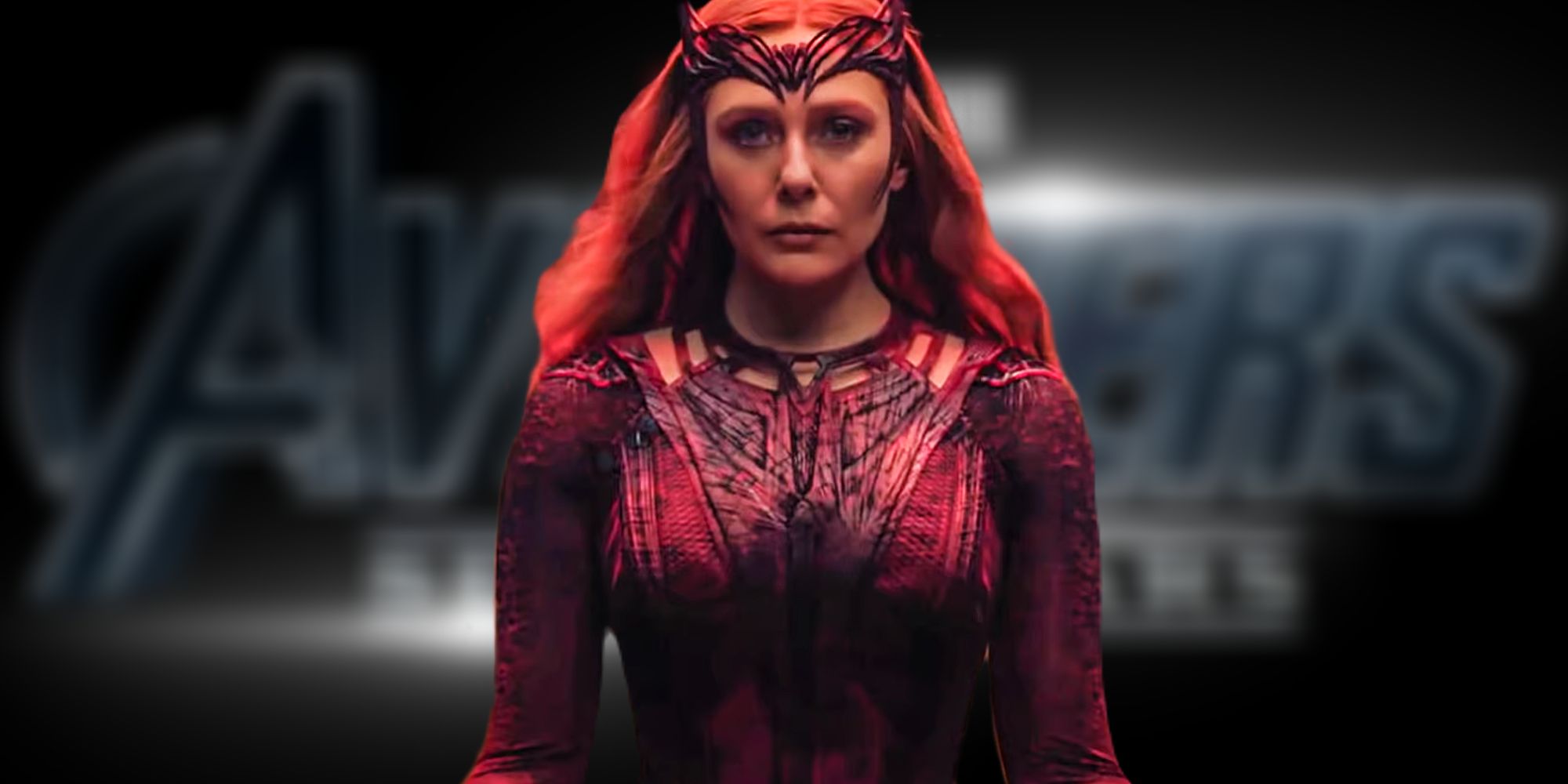 The blurred logo for Avengers: Secret Wars with Scarlet Witch meditating