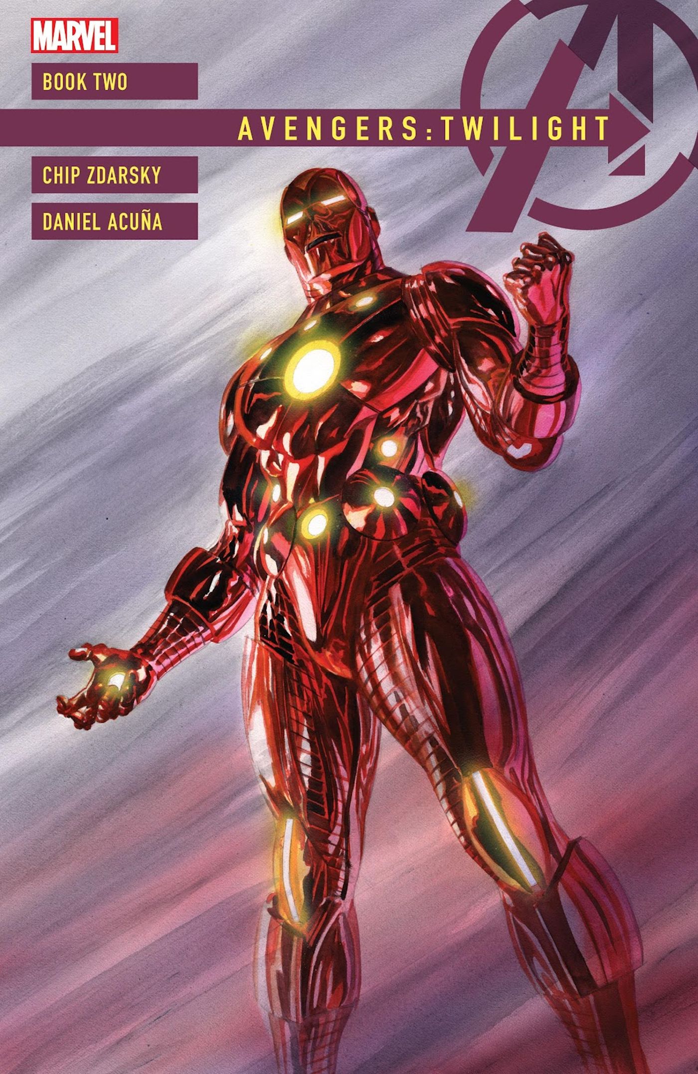 Avengers: Twilight Iron Man stands in full suit in front of streaks of color. 