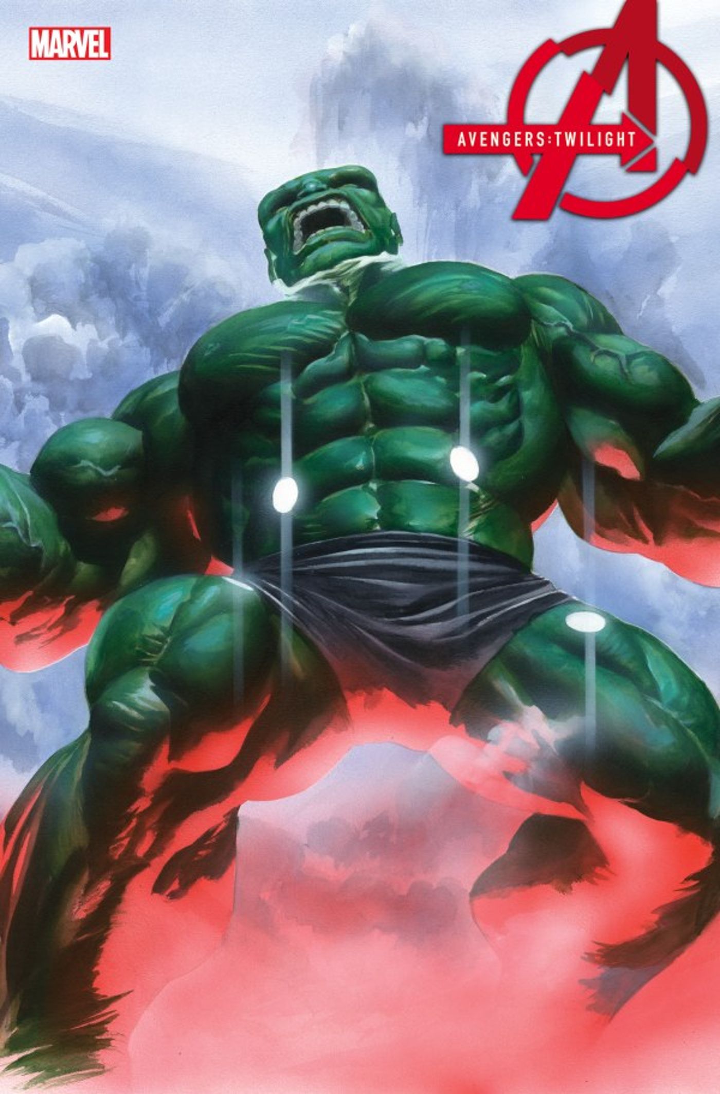 O Hulk no centro da capa de Alex Ross Vingadores: Crepúsculo #6. 