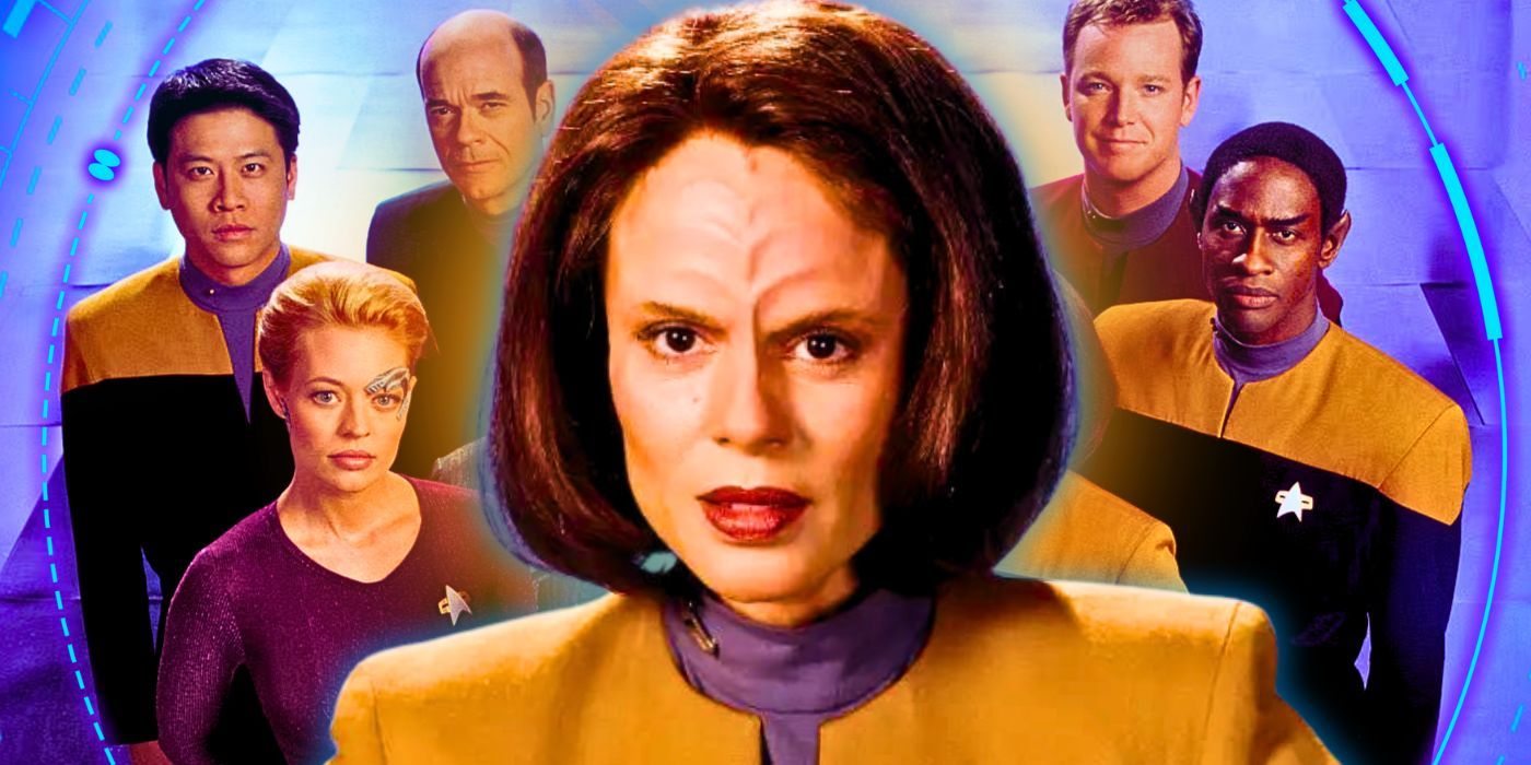 Collage of B'Elanna Torres (Roxann Dawson) with the Star Trek: Voyager cast in the background.