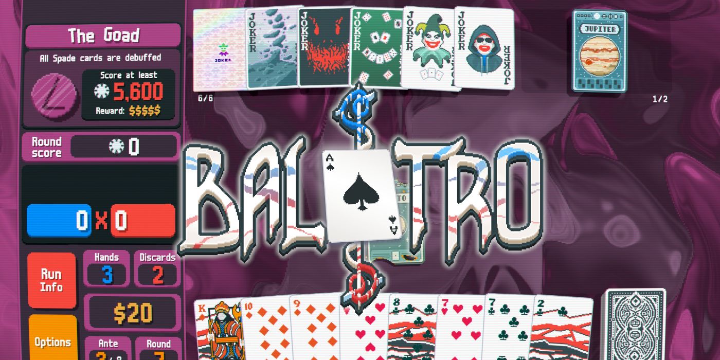 Balatro logo laid over a mid-game Balatro match against boss blind The Goad