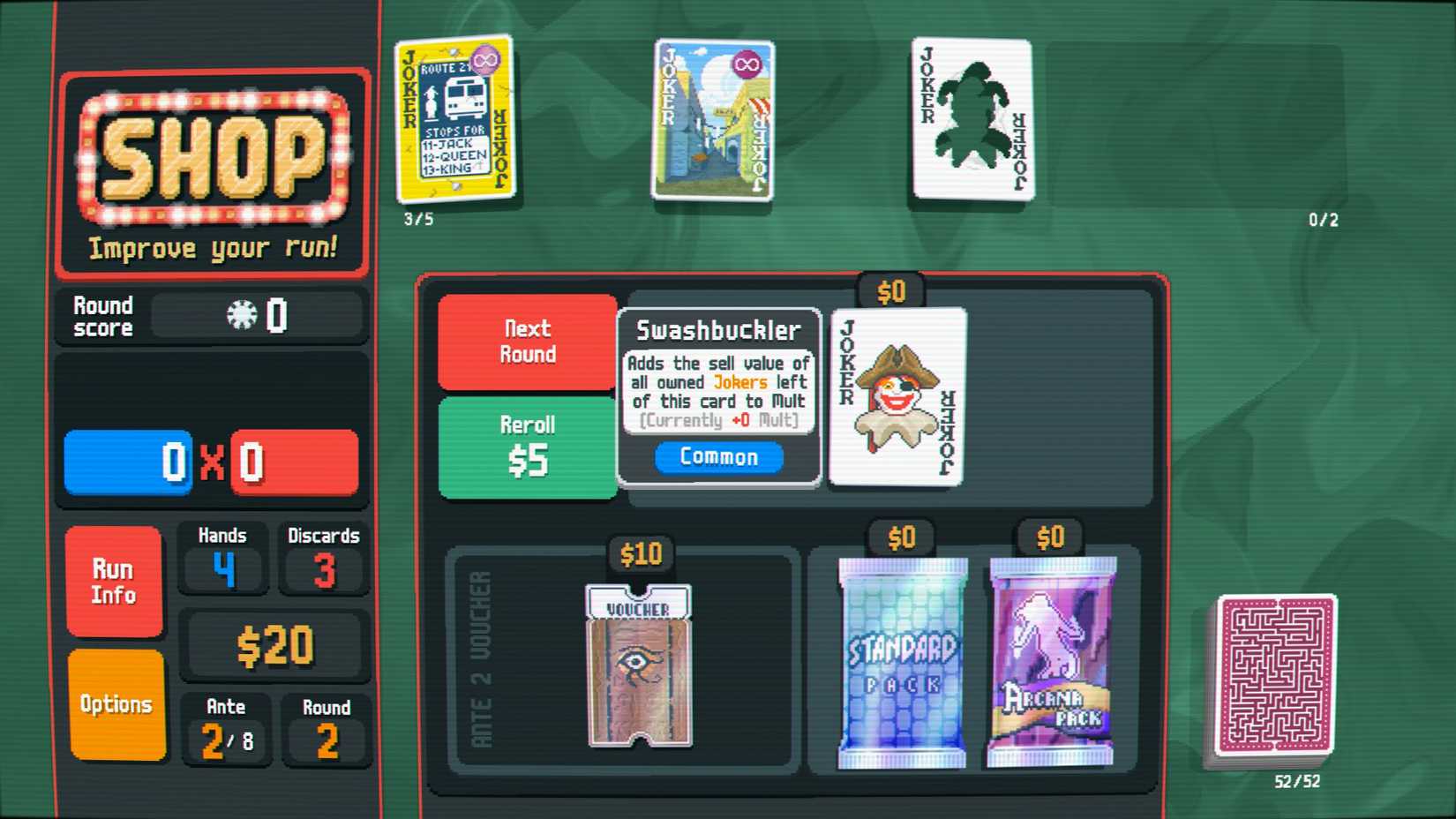 A view of the shop screen in Balatro, with the player hovering over the Swashbuckler joker card