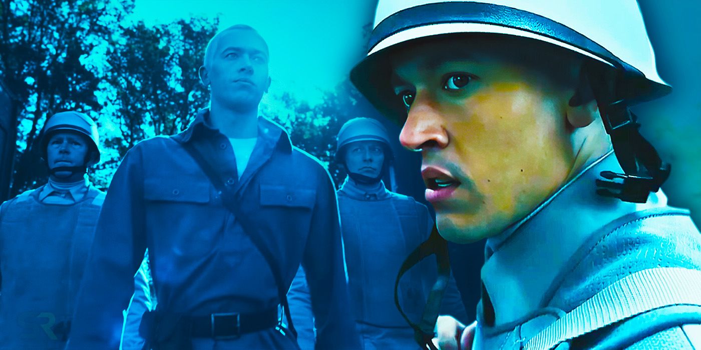 In the background, young Snow (Tom Blyth) from The Hunger Games: The Ballad of Songbirds and Snakes walking with Peacekeepers, in the front, Snow in Peacekeepers uniform