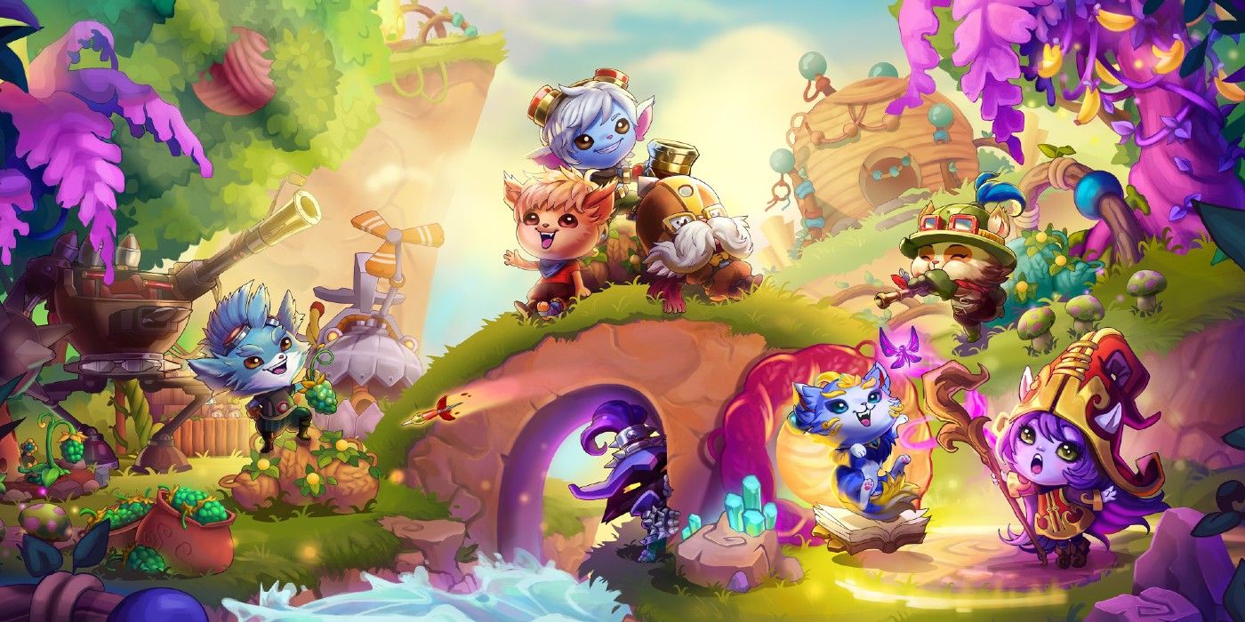 Bandle Tale Key Art showing Yordles sitting across grassy hills and looking joyful, one sinister Yordle hides below a stone archway.
