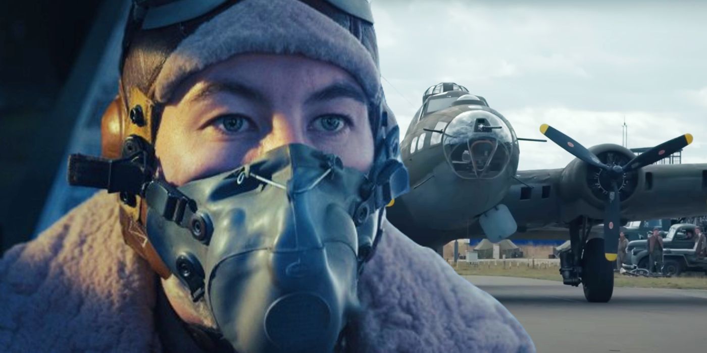 Barry Keoghan in Masters of the Air juxtaposed with a behind-the-scenes look at B-17 on a gimbal