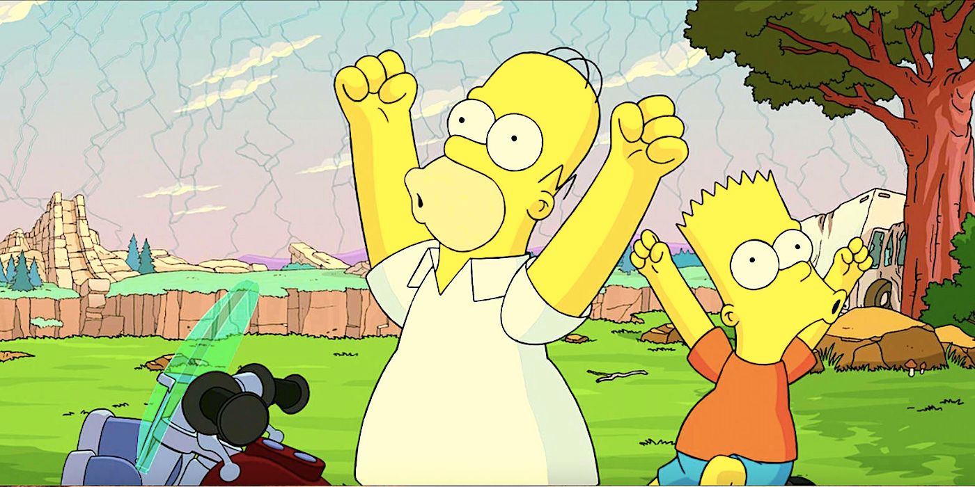 Bart and Homer celebrate while sitting on a motorbike as a glass dome cracks around them in The Simpsons Movie