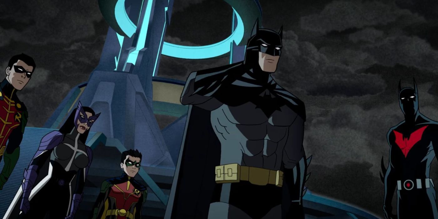 Batman com Robin, Caçadora, Robin II e Batman do Futuro em Crise da Liga da Justiça nas Infinitas Terras - Parte Dois 