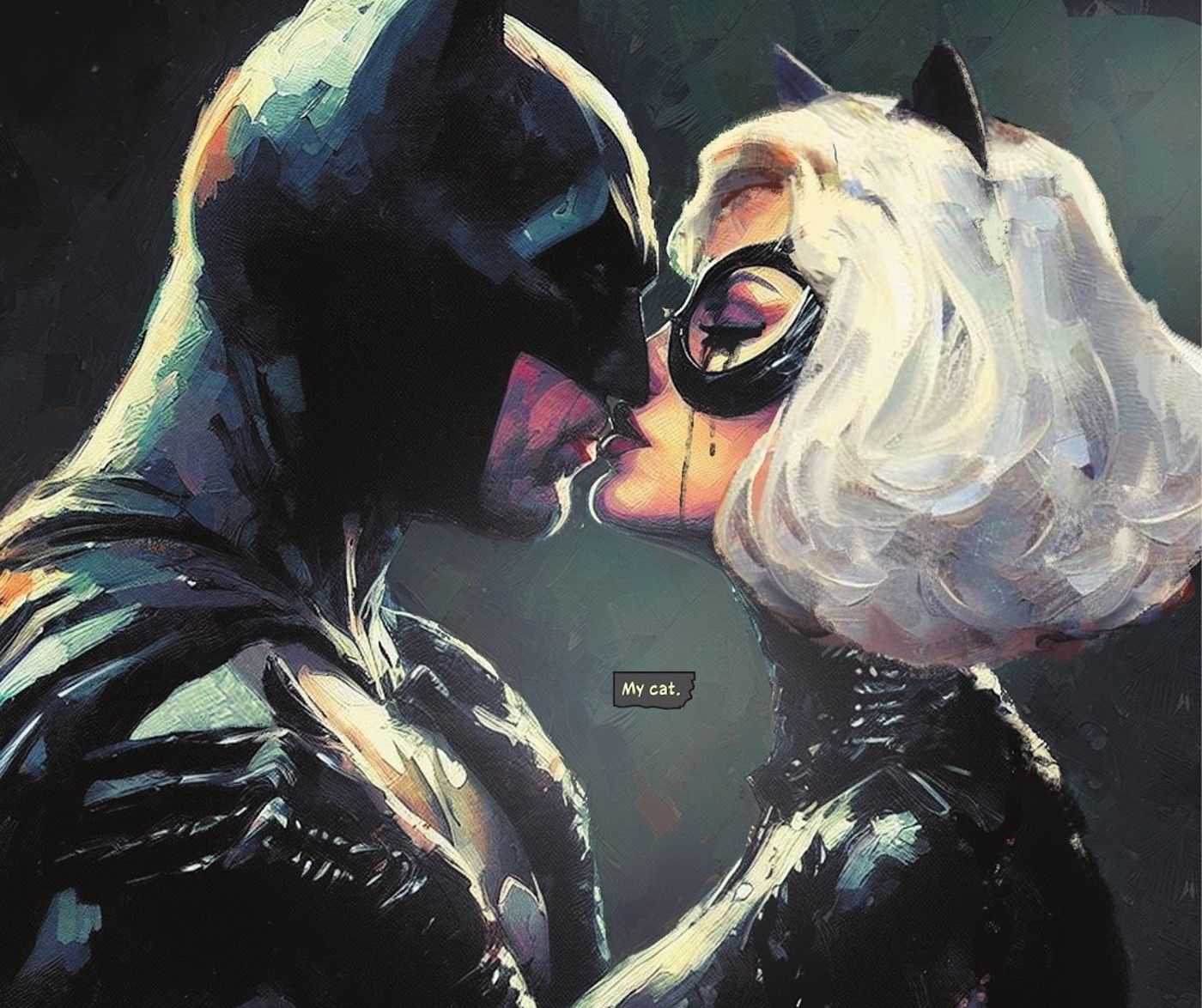 Comic book panel: a future version of Batman and Catwoman share a kiss.