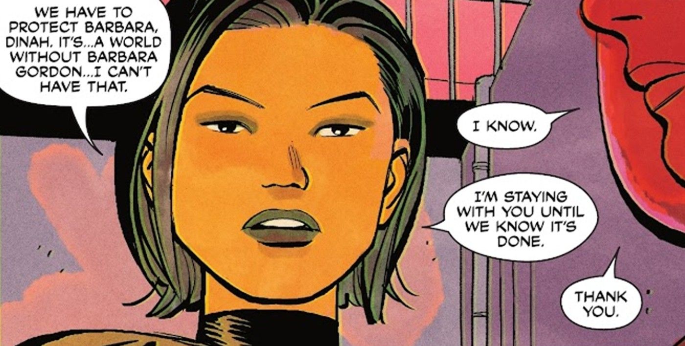 Painel de quadrinhos: close-up da Batgirl de Cassandra Cain enquanto ela jura proteger Barbara Gordon.