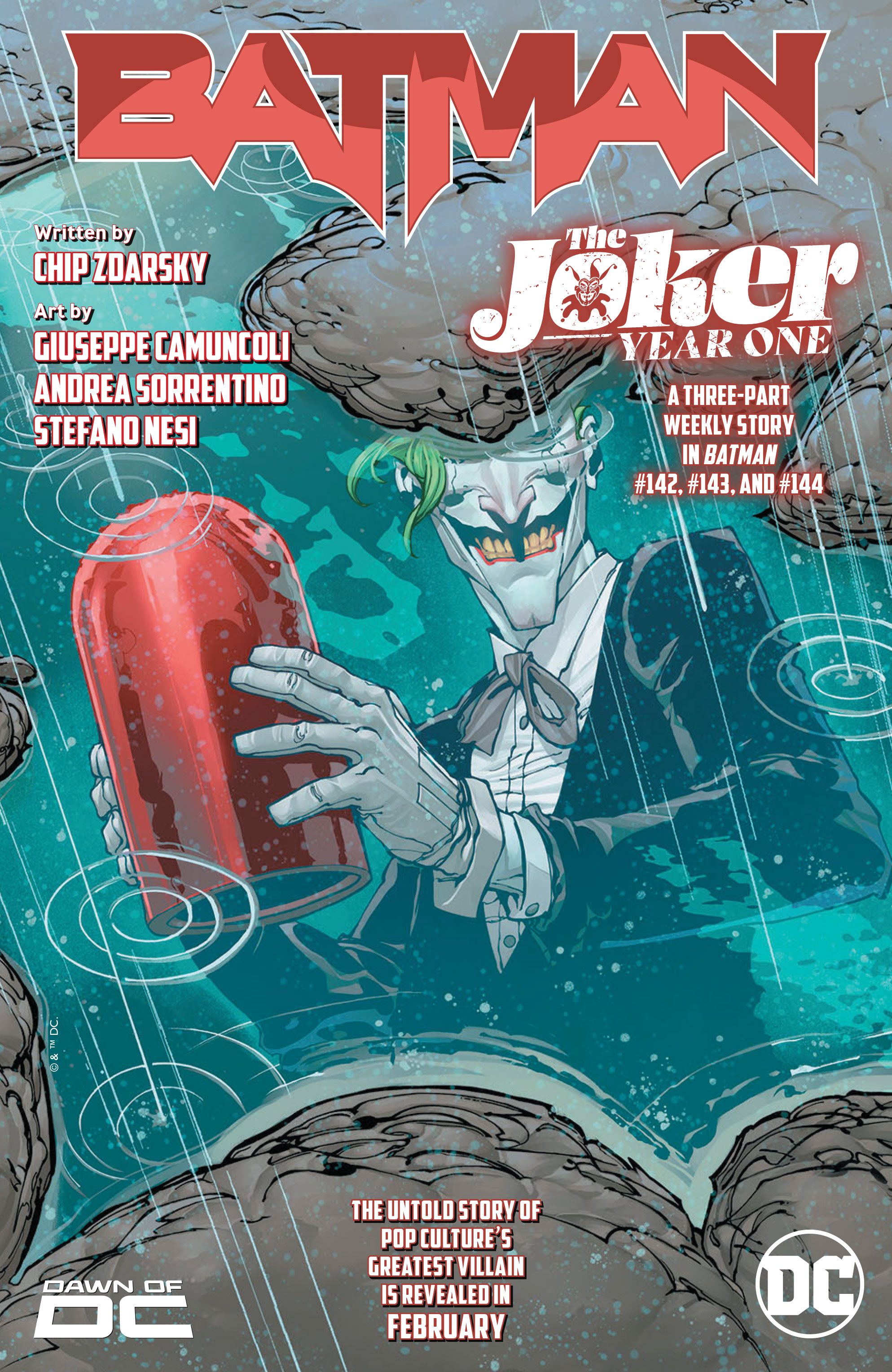 cover for Batman #142, Joker holds the original Red Hood mask, reflected in a bat-symbol shaped puddle