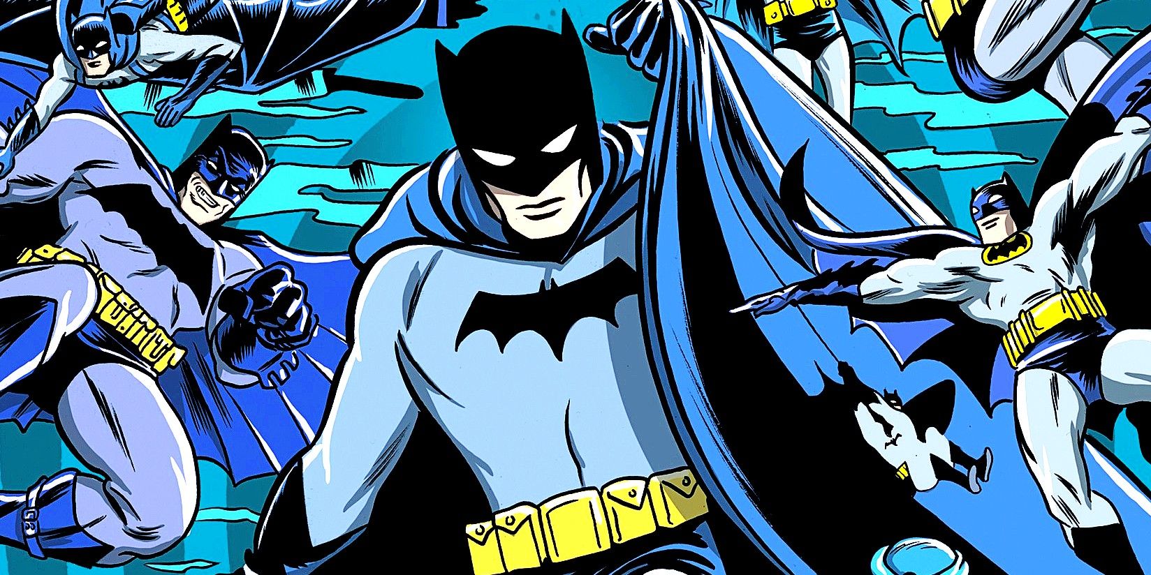 Comic book art: a large Batman surrounded by smaller Batmen from different moments in time. Drawn by Mike Allred.