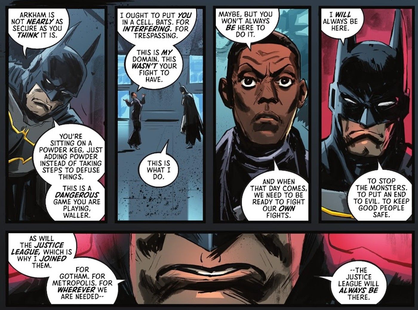 Painéis de quadrinhos: Batman fala com Amanda Waller.