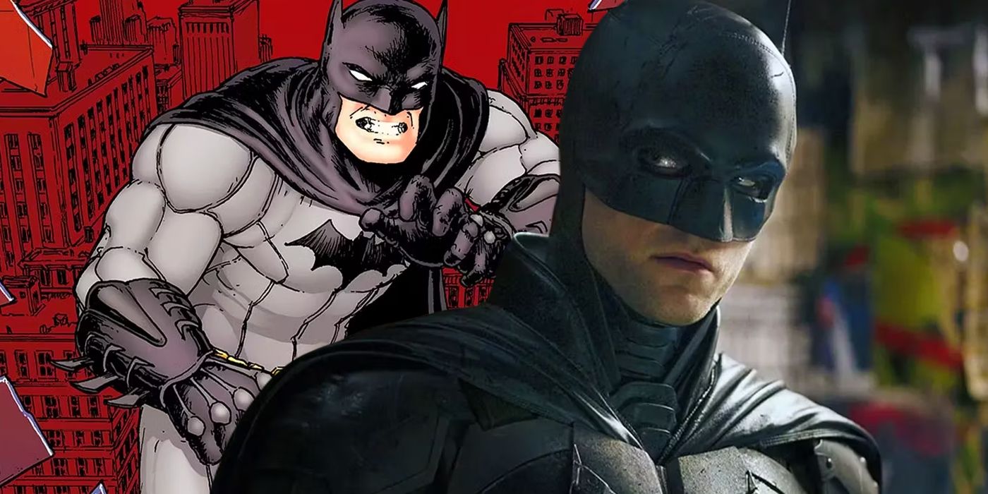 Imagem dividida do Batman dos quadrinhos da DC e do Batman de Robert Pattinson de The Batman 