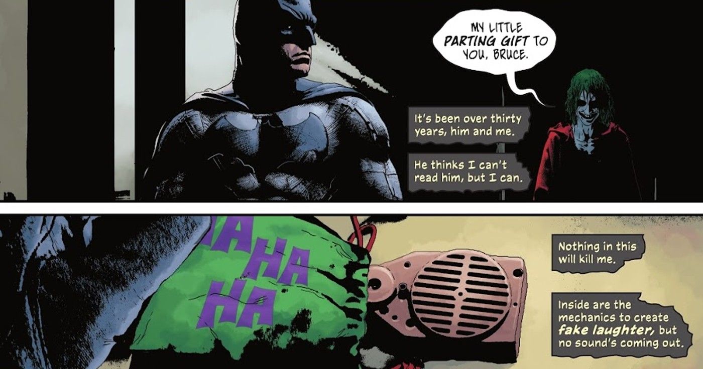 Comic book panels: the Joker gives a gag gift to Batman.