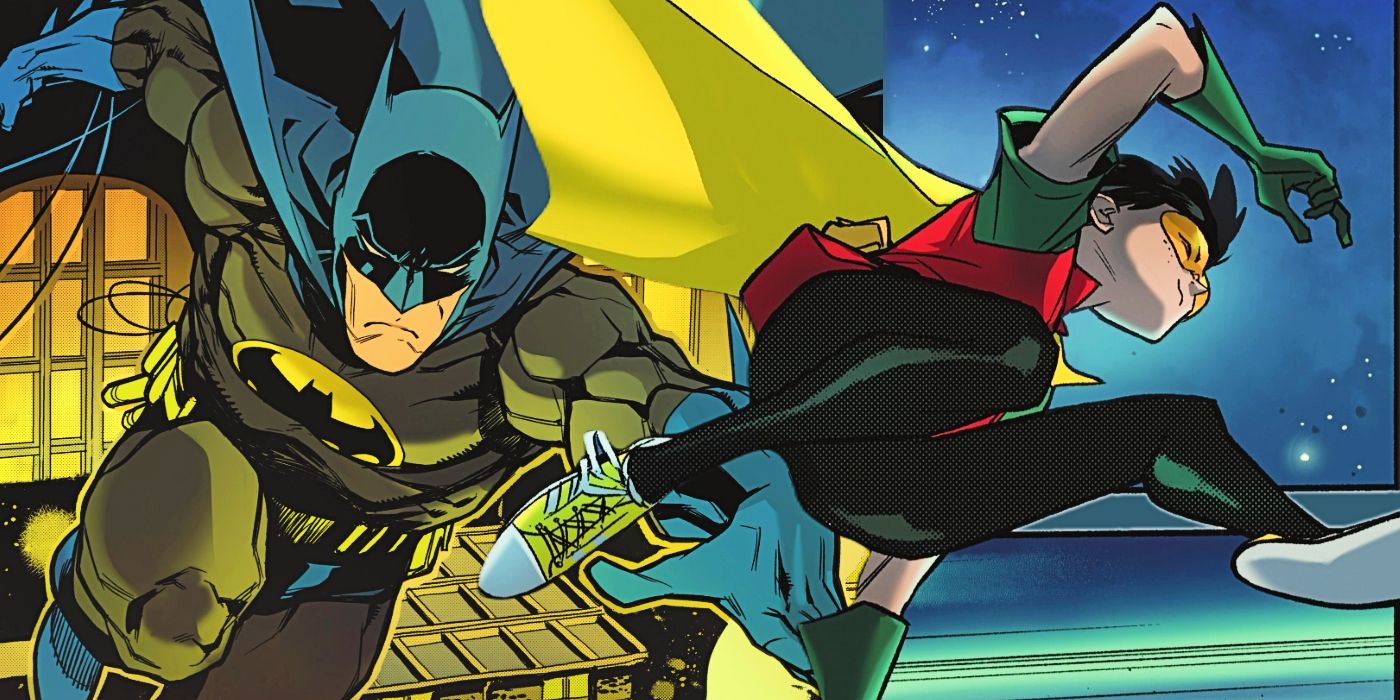 Batman and Robin leap across Gotham's rooftops together.